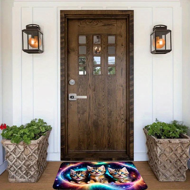 Colorful Galaxy Three Kittens Print Doormat, Non Slip Waterproof Cute Cat Entryway Floor Rug for Front Door Indoor Porch Home Decor