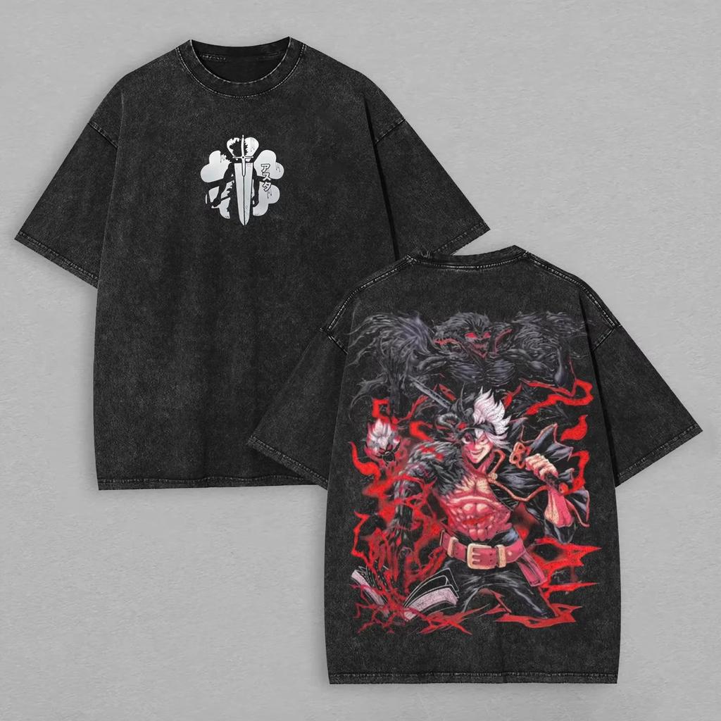 2026 summer Black Clover Asta Demon Form Washed T-shirt Anime Harajuku Streetwear Oversized Tee Y2K Retro Otaku Casual Tops