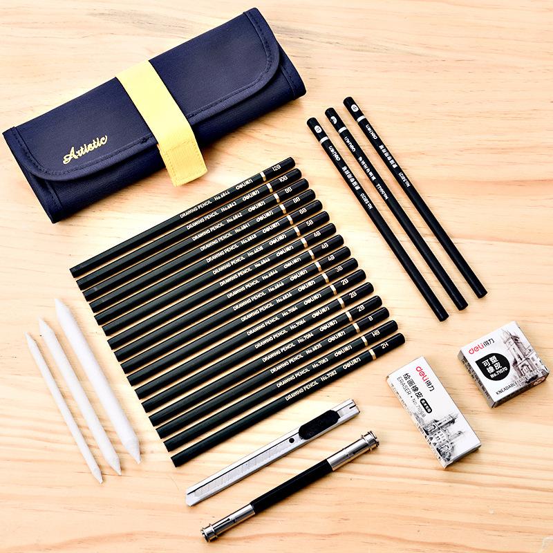 27 Pcs Sketching Pencil Paper Pens Cutter Erasers Charcoal Pencils HB Extender Eraser Cutter Drawing Suit Art Kit
