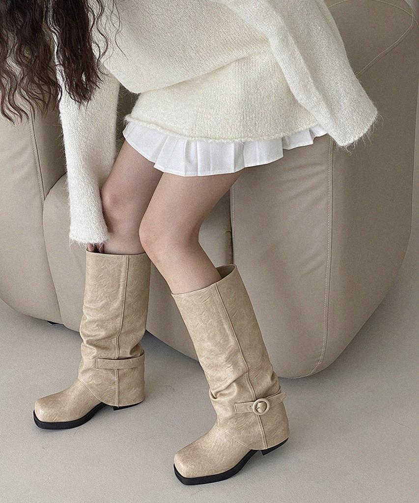 Moodnple Venzamin Buckle Point Natural Shirred Long Boots Unique Material 2 Colors 4Cm