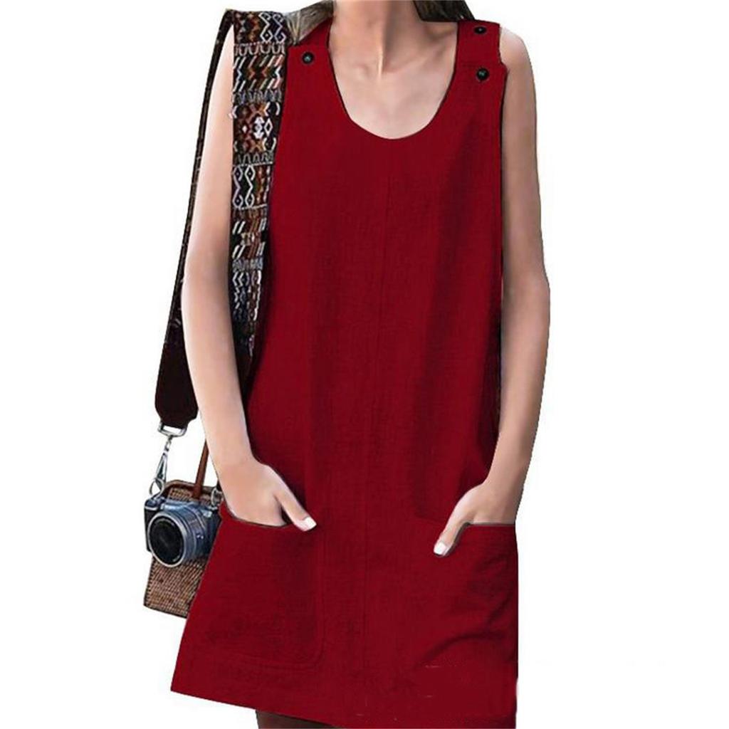 Mode Damen Sexy Taschen Baumwolle Leinen Träger Rundhals Kleid