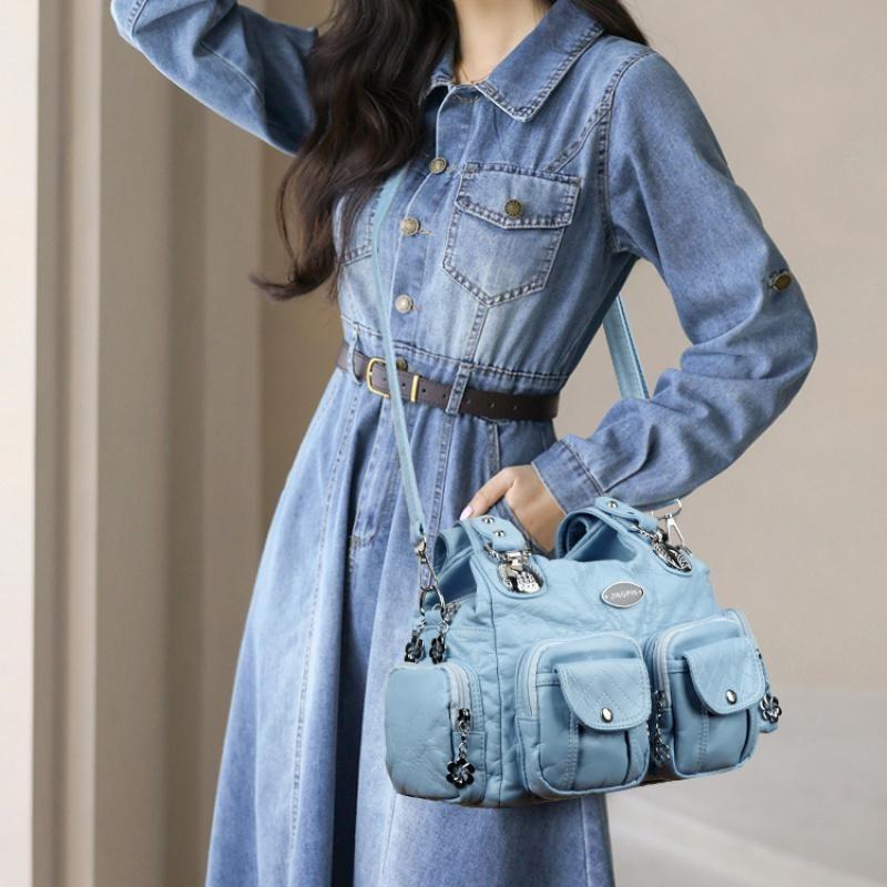 2025 Summer Fashion Blue Shoulder Bags For Women Small Shopper Bag Solid Color Soft Leather Crossbody Handbag Lady Travel Tote Bag