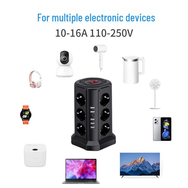 European Standard Power Strip: 3-Layer, 12 Sockets, USB, Extension Cord, Multi-Hole Plug Board