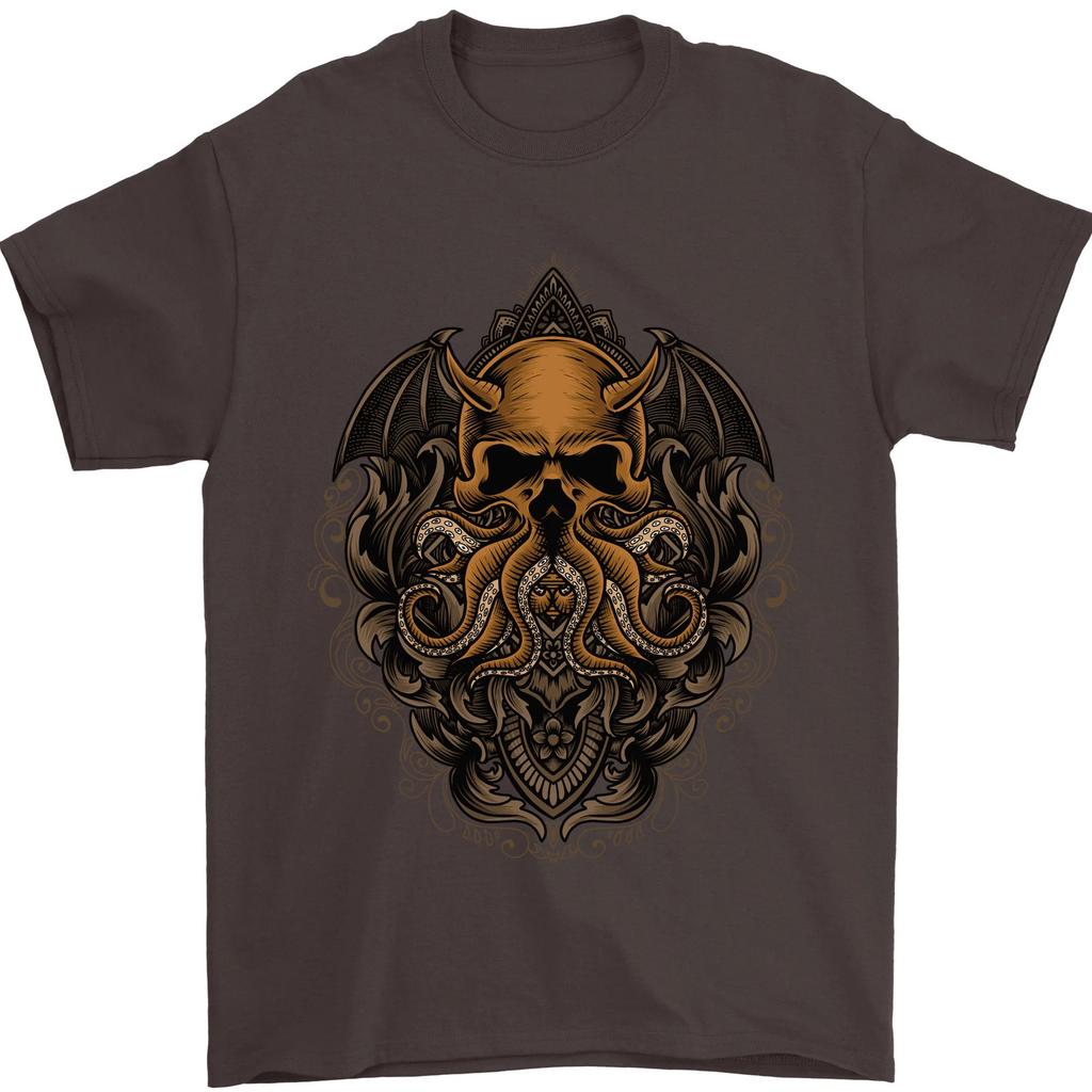 Cthulhu Octopus Kraken Duivel Schedel Demon Heren T-shirt 100% Katoen