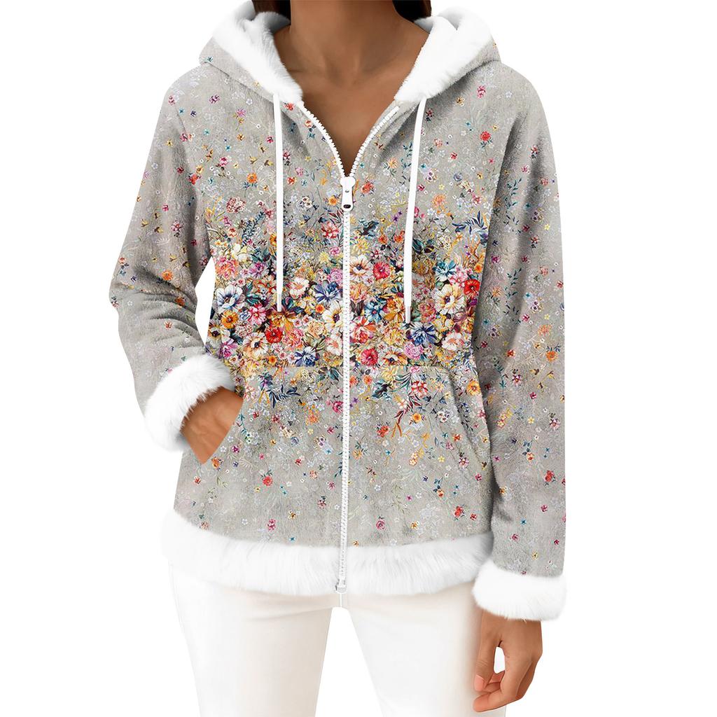 Women's Casual Fashion Long-Sleeved Zip-Up Fleece Hooded Cardigan