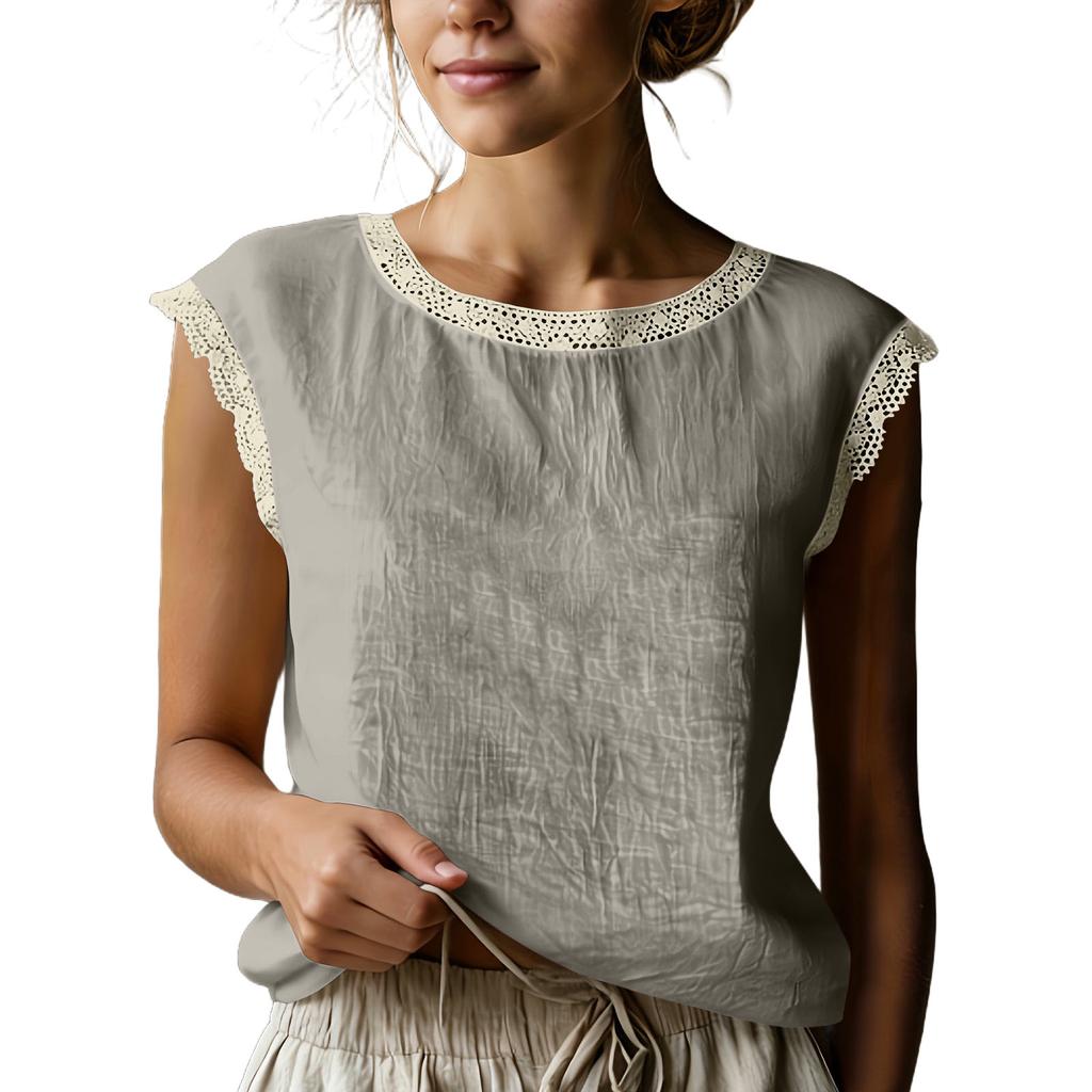 Haut d'été sans manches en lin pour femme, style rétro ample, patchwork de dentelle de couleur, col rond