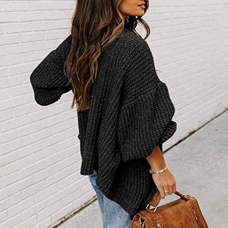 2025 Women's Plus Size Loose Knitwear Cardigan with Lantern Sleeves - Solid Color European and American Style Sweater.