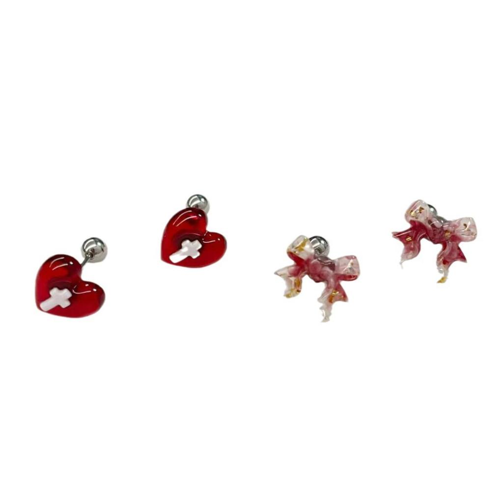 Chic Dark Sweet Spicy Peach Heart Cross Earrings with Bow and Resin Studs