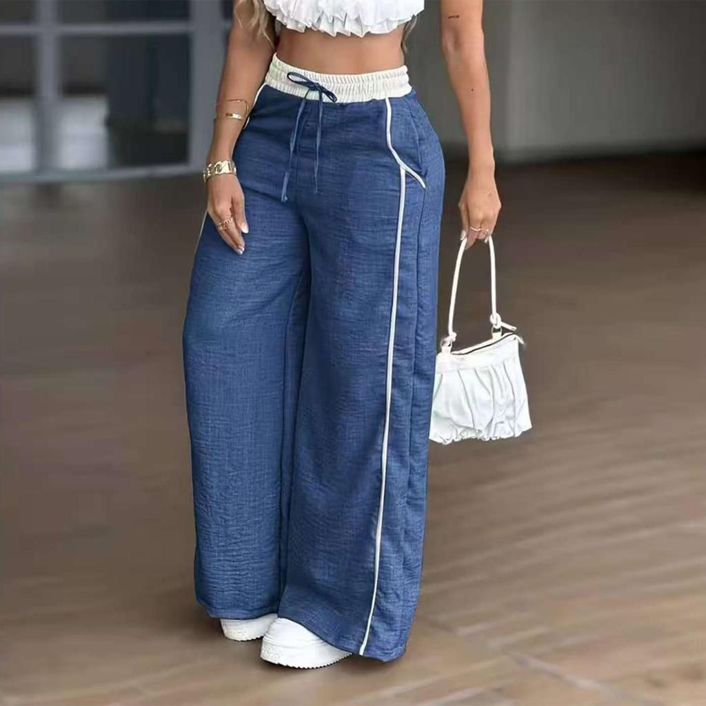 Women's Fashion Color Blocked High Waist Straight Leg Wide Leg Pants Pocket Casual Pants