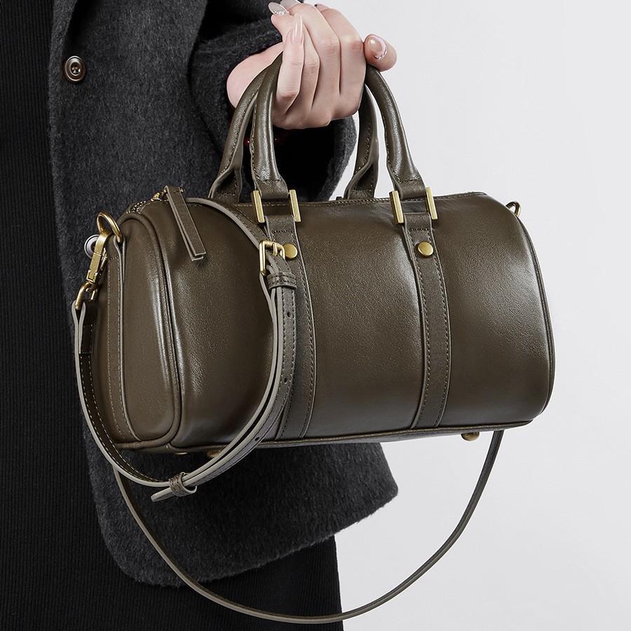 Top Layer Cowhide Boston Bag High-end Vintage Handbag Shoulder Bag for Women Vegetable Tanned Leather 2025 New Genuine Leather Crossbody Bag
