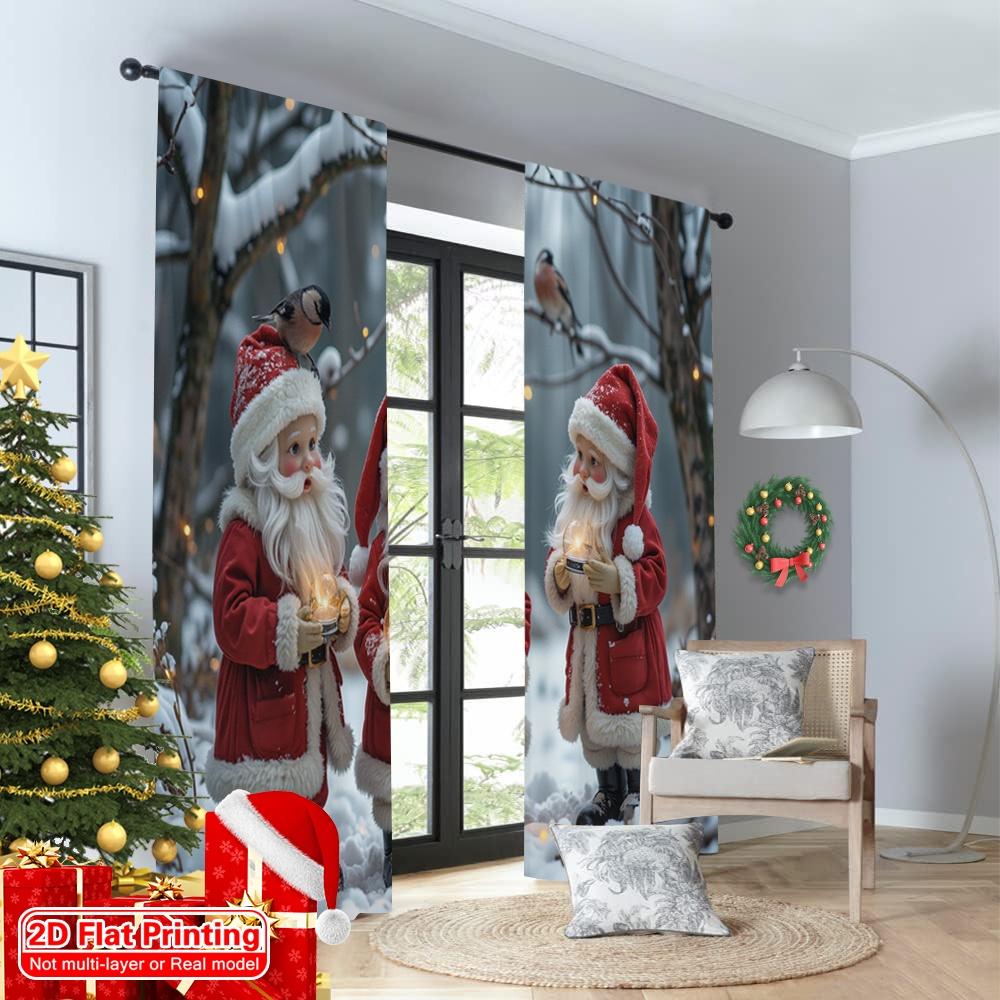 2pcs 2D Flat Printing Merry Christmas Party Curtains Winter Gnomes Forest Friends Lanterns Polyester Fabric Without Electricity
