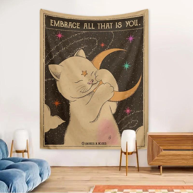 Tarot Cat Tapestry Moon Phase Sun Universe Starry Sky Tapestry Cute Cat Wall Art Decor
