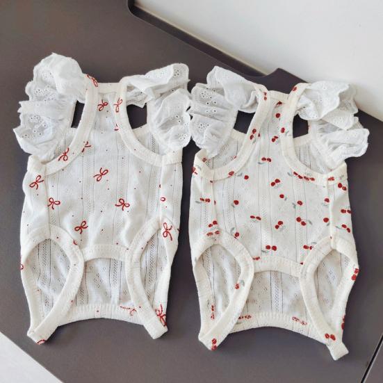Cherry Print Dog T-Shirt with D-Ring Lace Ruffle Cap Sleeve Girl Puppy Clothes Breathable Summer Pet Vest for Small Medium Dogs Cats
