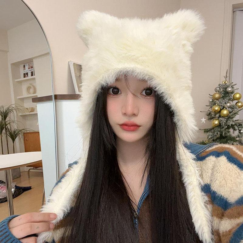 Winter Plush Women Hat Cute Bear Ear Protection Beanie Cap For Girls Female Kawaii Solid Color Faux Fur Warm Earmuffs Caps