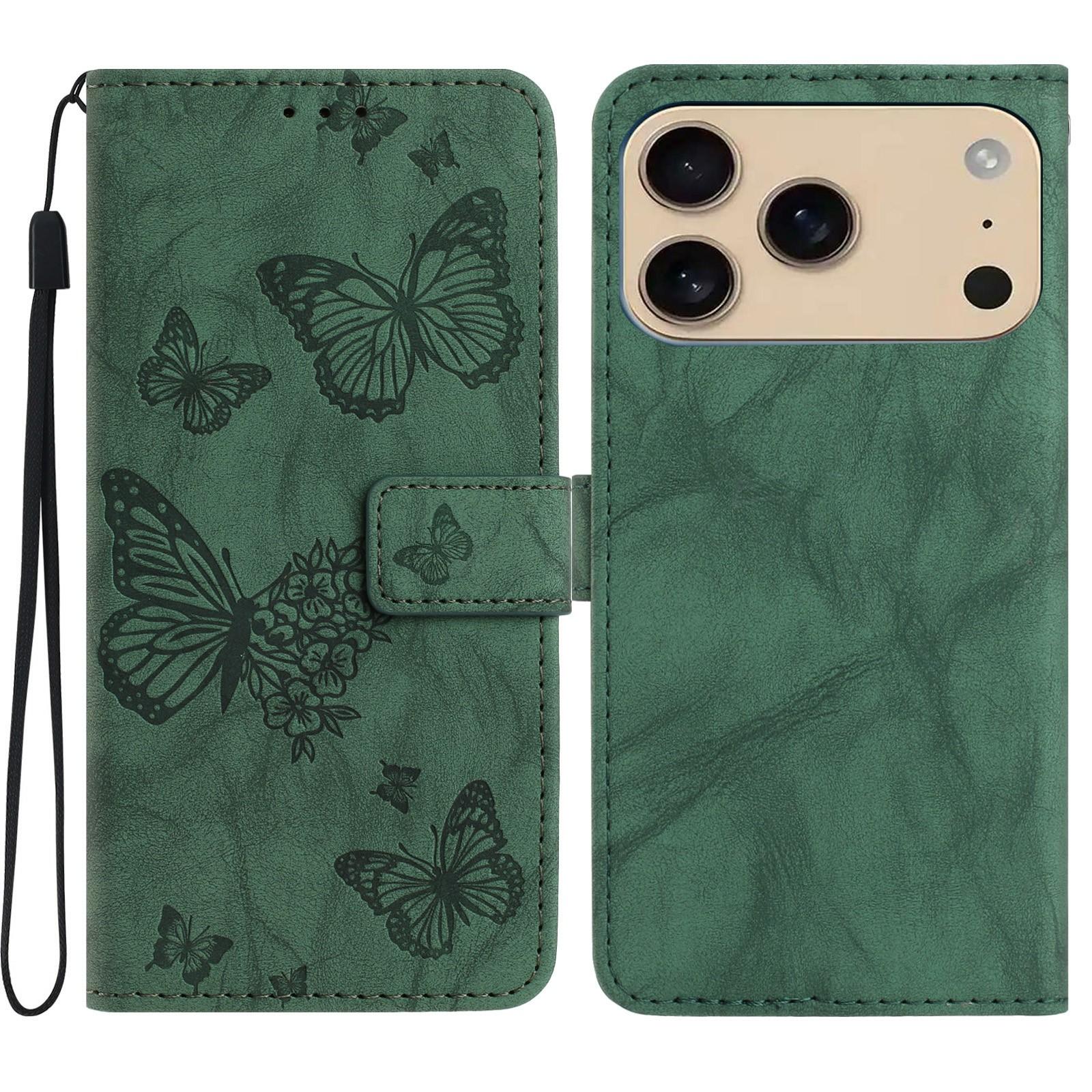 

For iPhone 17 Pro Max Leather Case Butterfly Flower Imprinted Wallet Stand Flip Phone Cover with Wrist Strap