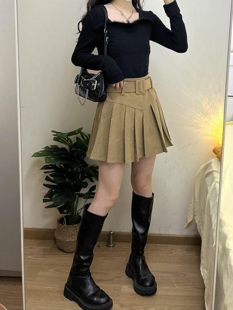 Plus-Size Women's High-Waisted Corduroy A-Line Pleated Skirt