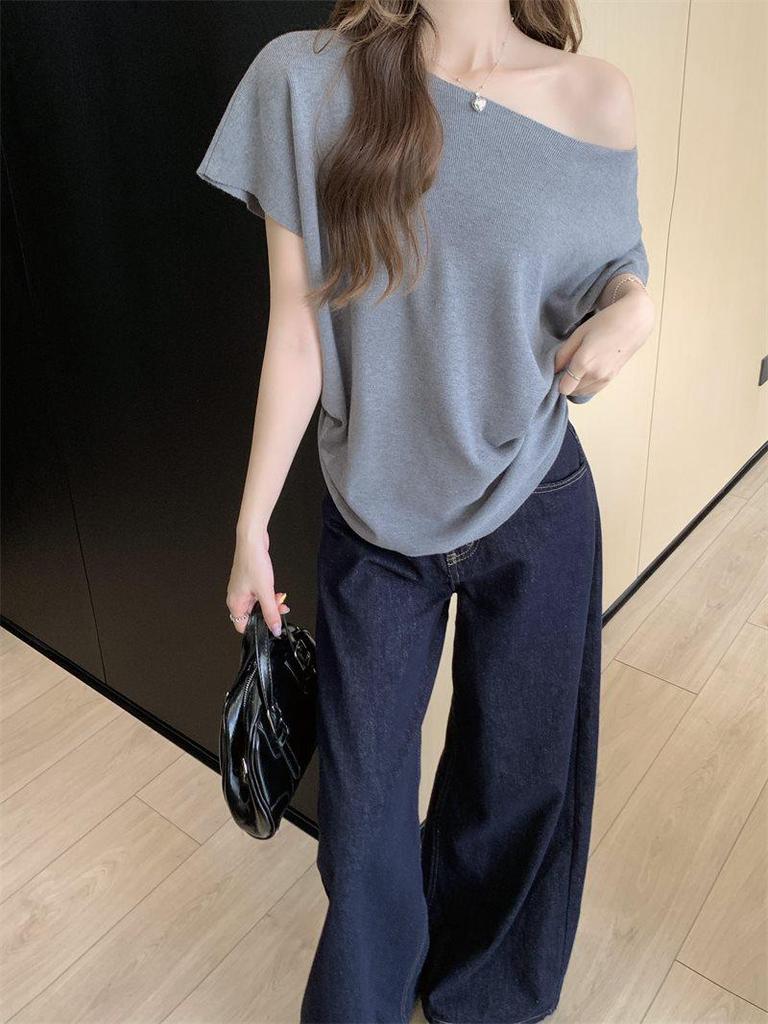 Women's Off-the-Shoulder Batwing Sleeve Knit Top - Summer 2025 Loose Slim Fit