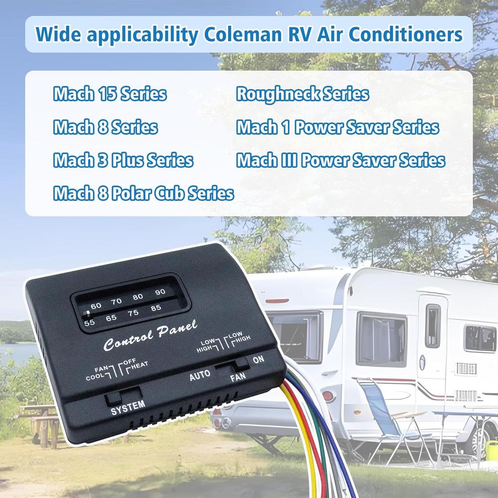 7330F3852 RV Air Conditioner Thermostat, Black, Single Stage Heating/Cooling Control, Compatible With Coleman Mach Series