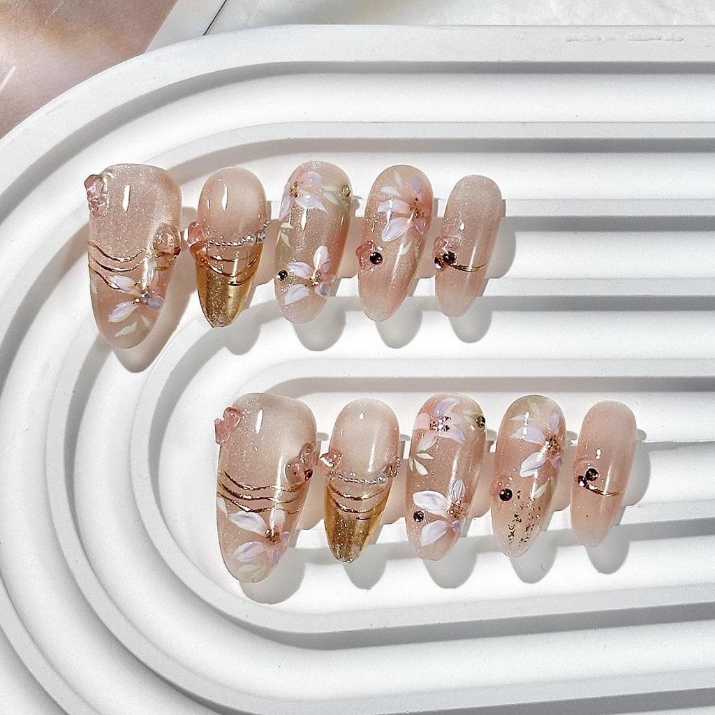 Handmade Wearable Cat Eye French Oval Nail Art Patches - Medium-Long, High-End Boutique Quality