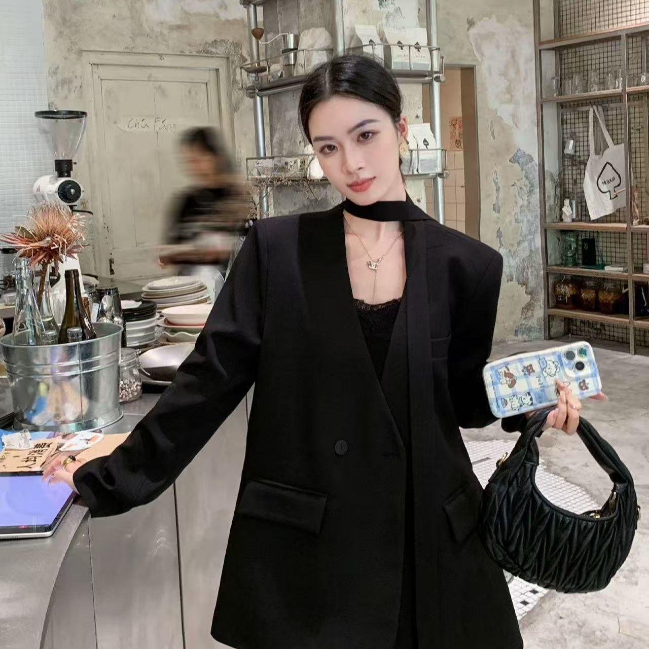 

Элегантный повседневный блейзер с поясом для женщин, весна-осень, свободного кроя, с рукавами на завязках, приталенный офисный костюм S чёрный