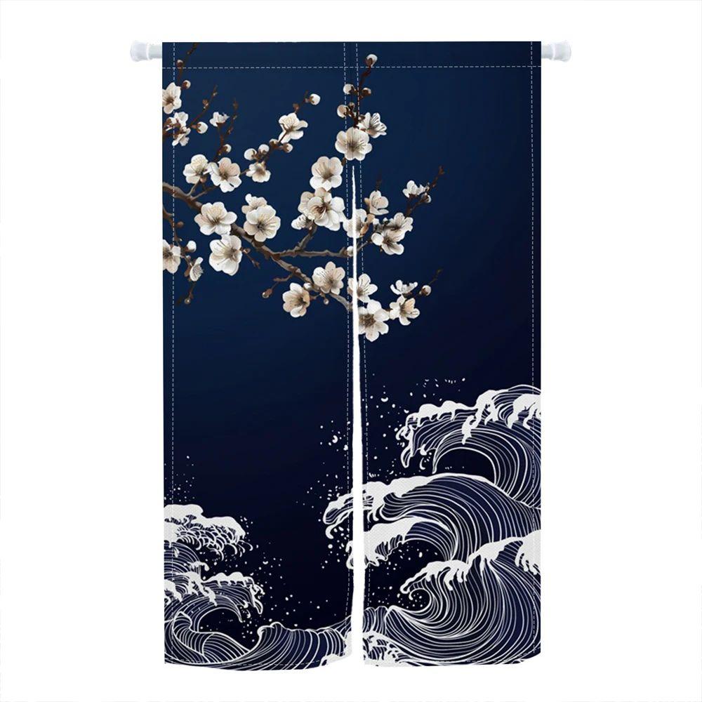 

VIKAMA Japanese-Style Door Curtain Japanese Wave and Cherry Blossom Pattern Home Decor Suitable for Kitchens and Entryways 70x120cm