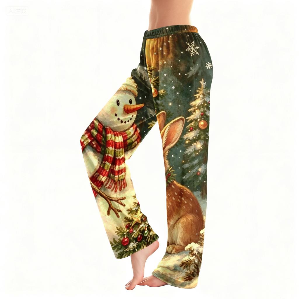 Women's Christmas Plush Pants with Snowflake and Christmas Tree Print, Cozy Sleep Pants for Home
