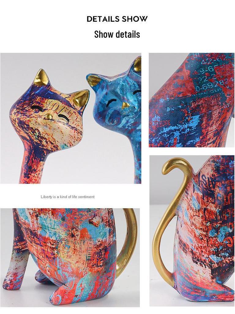 Bunte Katze-Figur im europäischen Stil: Abstraktes Ölgemälde Harzdekor für Schlafzimmer, Weinschrank oder Foyer