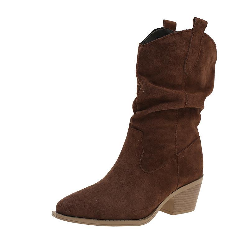 Pile Boots Women's Autumn Pointed Head Mid-heel Boots Western Cowboy Wasteland Wind Pleated Boots Merard Knight Boots
