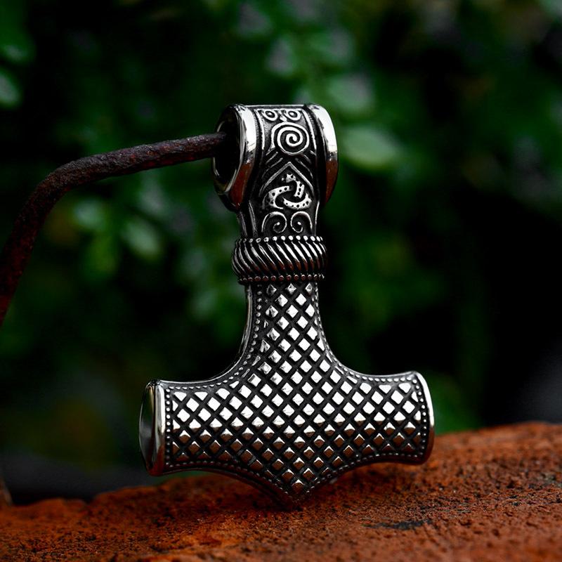 OAHLAN Fashion Jewelry Thor's Hammer Vintage Viking Rune Stainless Steel Pendant Necklace for Men Anniversary Party