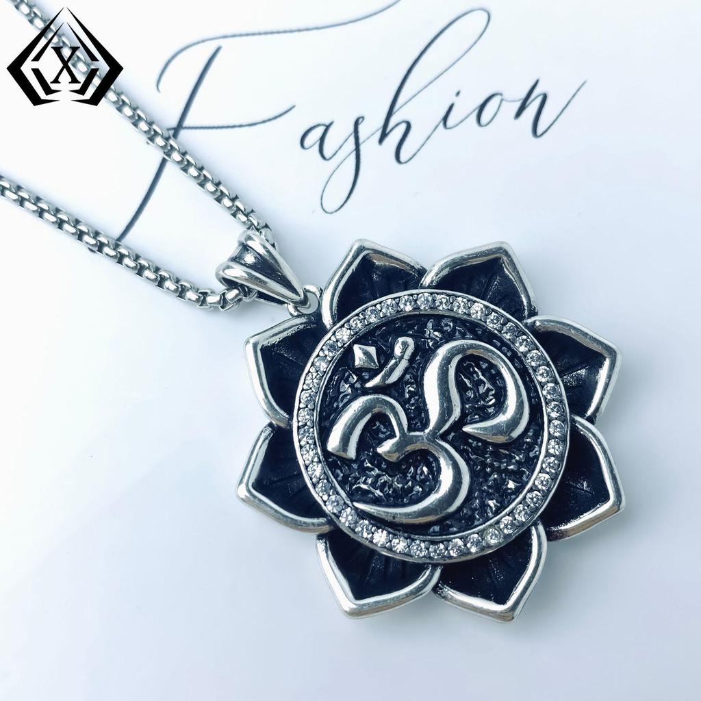 Xiweier Retro Lotus Pendant Necklace with Copper and Zircon for Men and Women