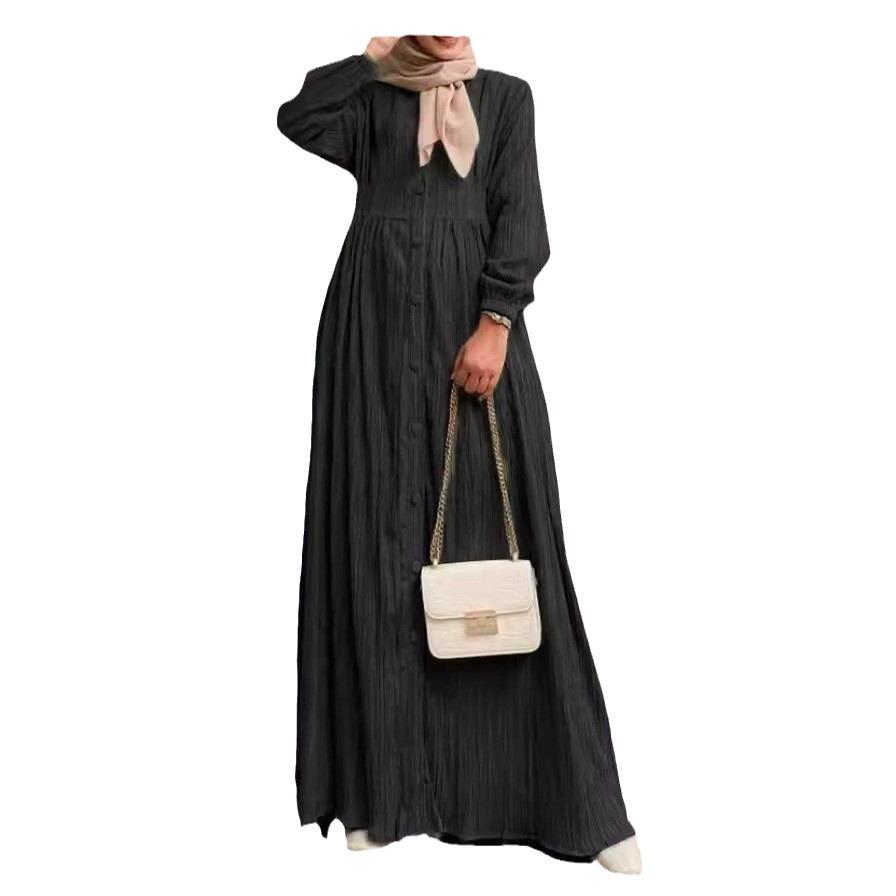 2024 Retro Puff Sleeve Dress: Elegant Solid Color Muslim Women's Clothing for Spring and Autumn