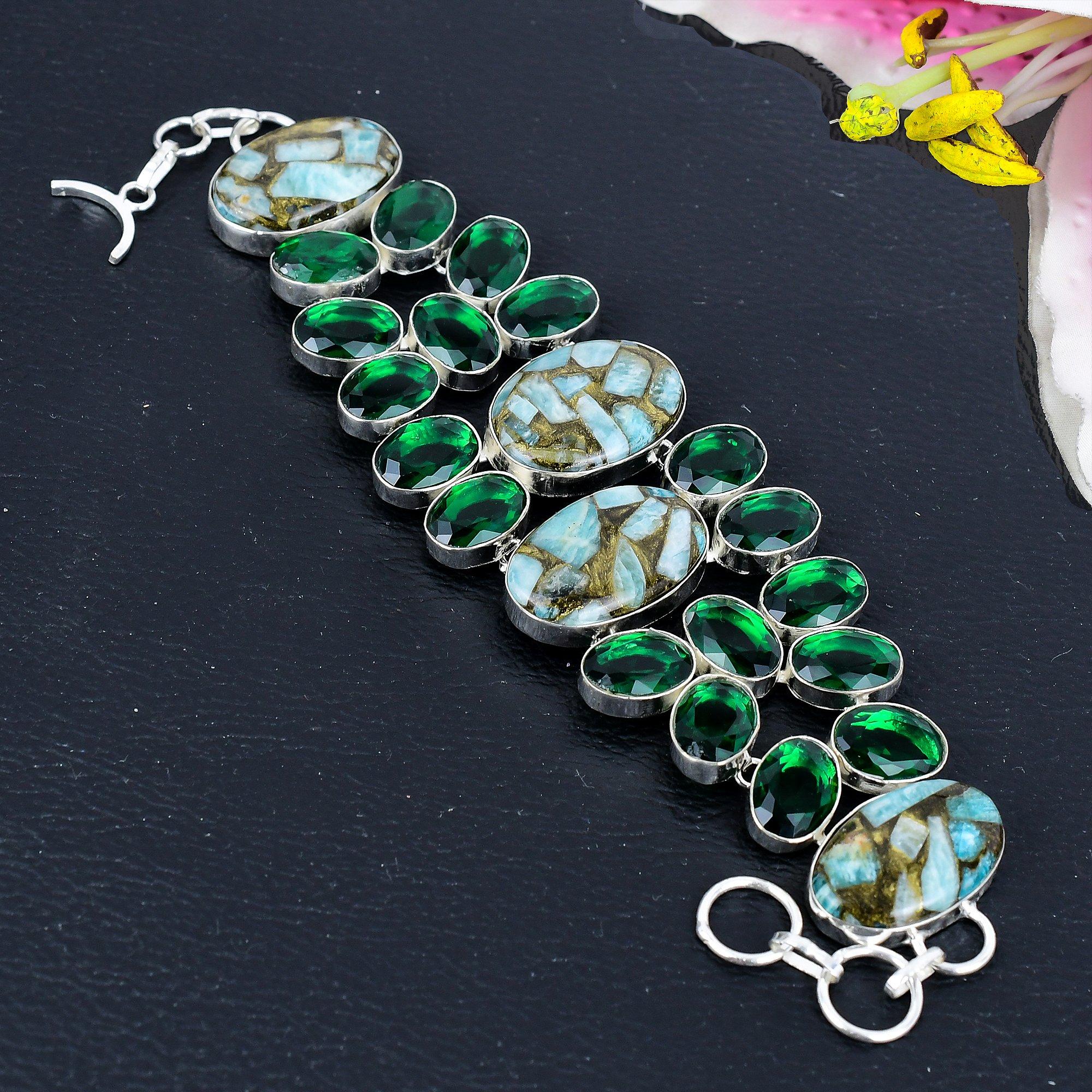 

Copper Larimar, Diopside Gemstone 925 Sterling Silver Bracelet 7-8 KG-1816