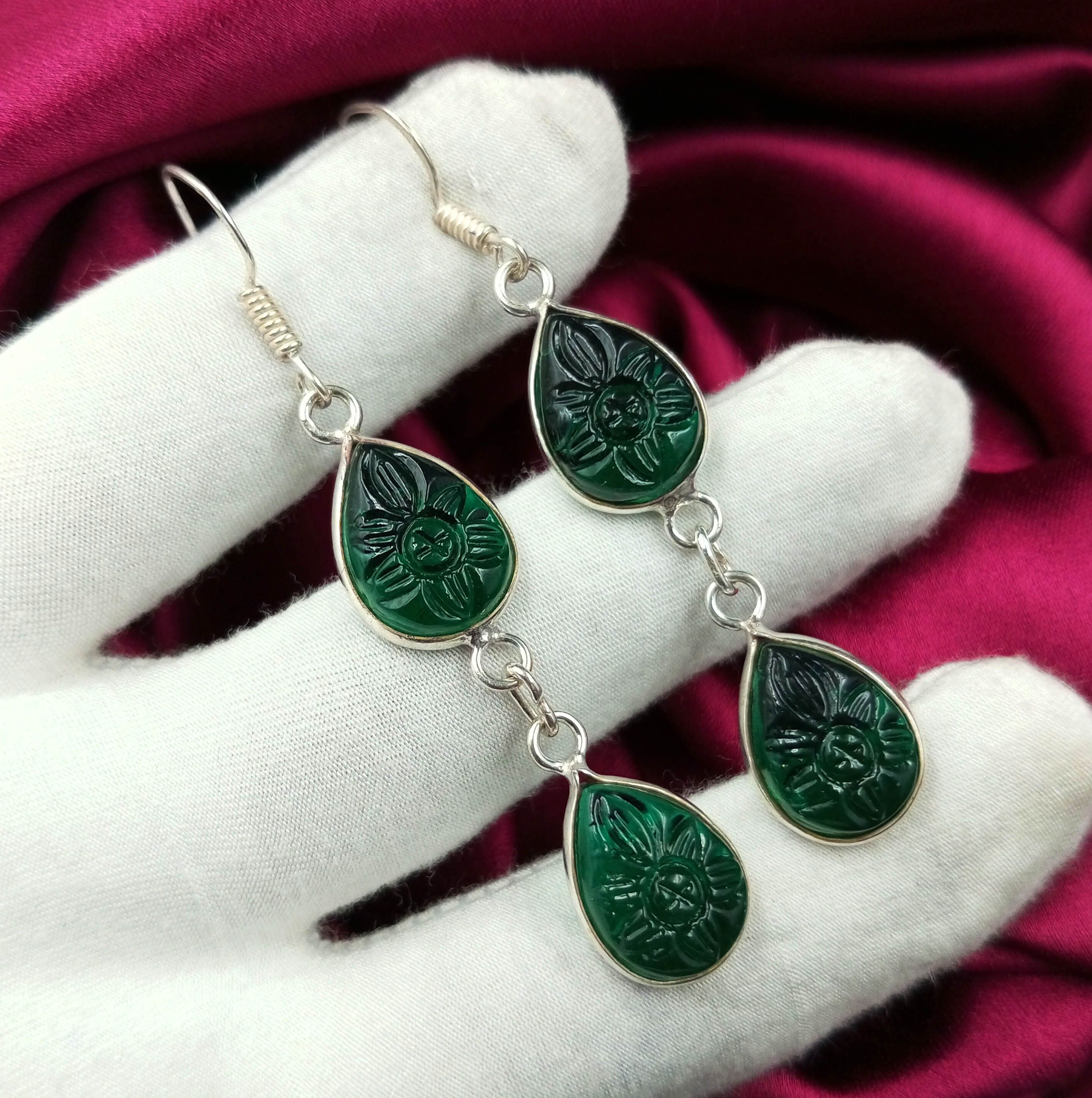 

Зеленая резьба по стеклу Gemstone 925 Sterling Silver Plated Women Hook Earrings EEJ-E51