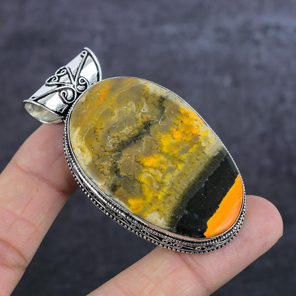 Natural Bumble Bee Jasper 925 Sterling Silver Jewelry Pendant 2.60" ET-4404