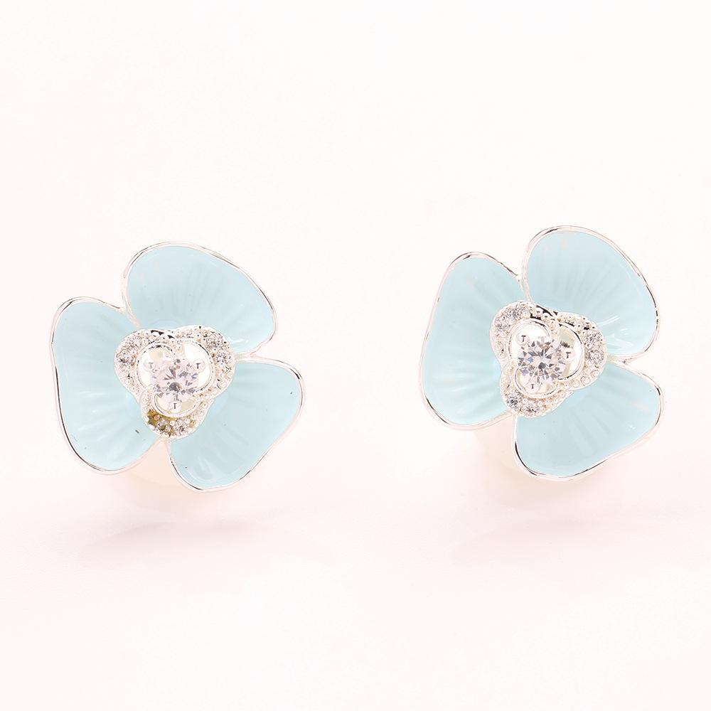 Korean sweet blue and white oil-dripping petal earrings temperament diamond-set exquisite flowers without ear piercings earrings women's models