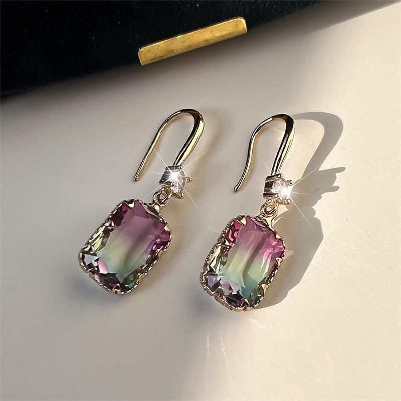Cute Female Red Green Rainbow Drop Earrings Luxury White Crystal Earrings Yellow Gold Color Wedding Earrings For Women