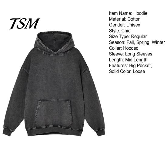 Haut Douillet d'Automne Automne Printemps Sweat à Capuche Unisexe Grande Poche à Capuche Ample Délavé Usé Élastique Poignets et Ourlet Épaules Inclinées Couleur Unie