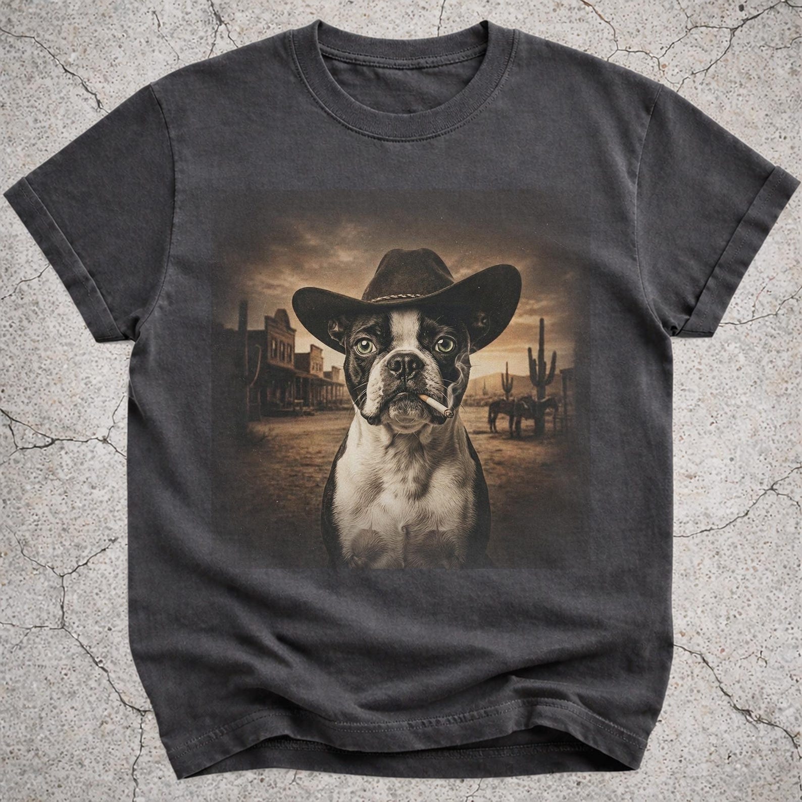 Boston Terrier Cowboy Shirt, Western Dog T-Shirt, Funny Boston Terrier Gift for Dog Mom Dad, Vintage Cowboy Dog Tee L