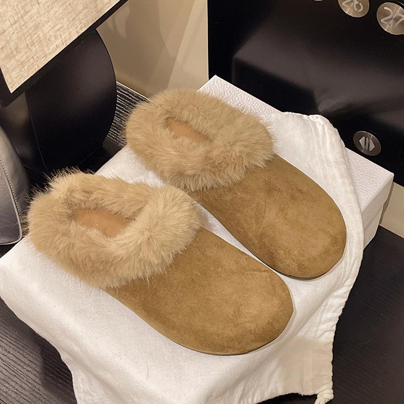 2025 Autumn and Winter New Outer Wear Bag Head Fluffy Slippers Women's Round Head Flat Bottom Half Slippers Plush Fluffy Women's Shoes