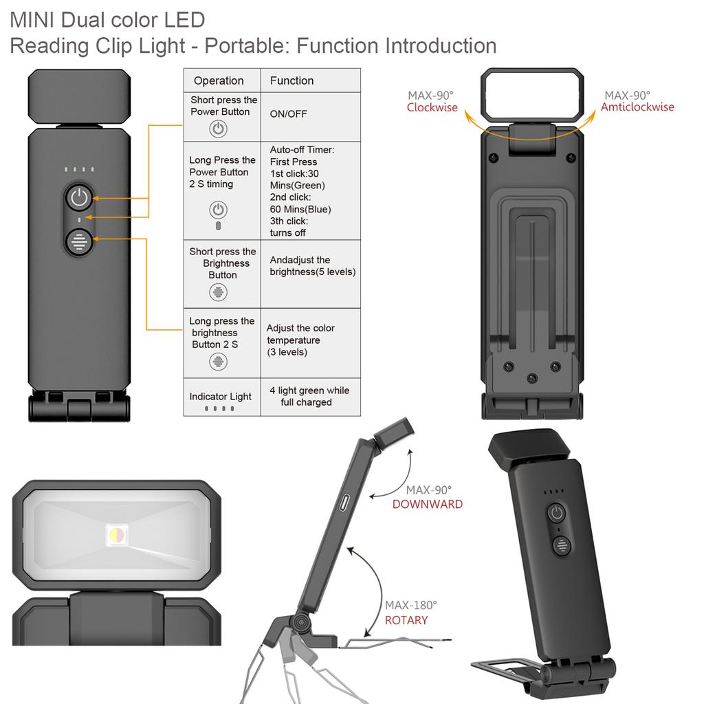 Reading Lights for Books In Bed Portable Clip On LED USB Rechargeable Lamp Eye Protection In Dual Color & 5 Brightness