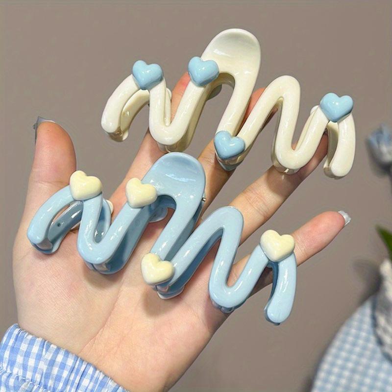 Women'S Solid Color Blue Elegant Simple Love Wave Large Hair Claw Clip for Daily Hair Organization, Sweet Style, Best Gift