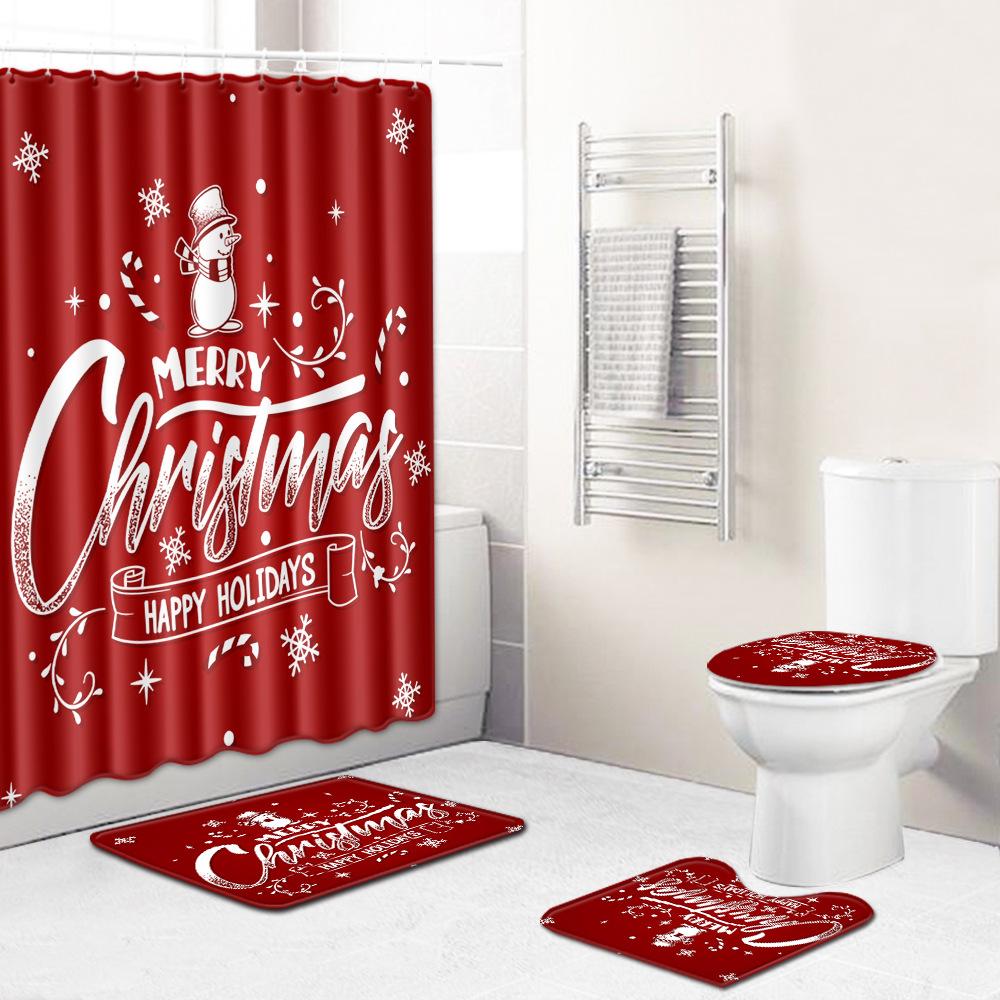 Christmas Shower Curtain Polyester Cloth Toilet Seat Four-Piece Set Entrance Door Mat Bedroom Living Room Floor Mat Carpet