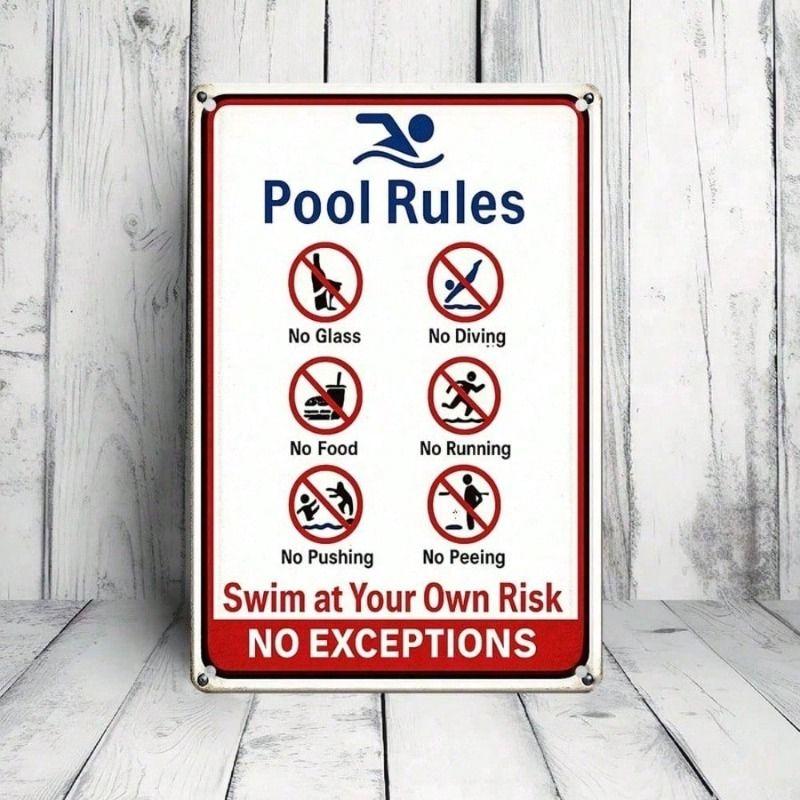 Vintage Metal Pool Rules Sign Decor Retro Tin Plaque Wall Art