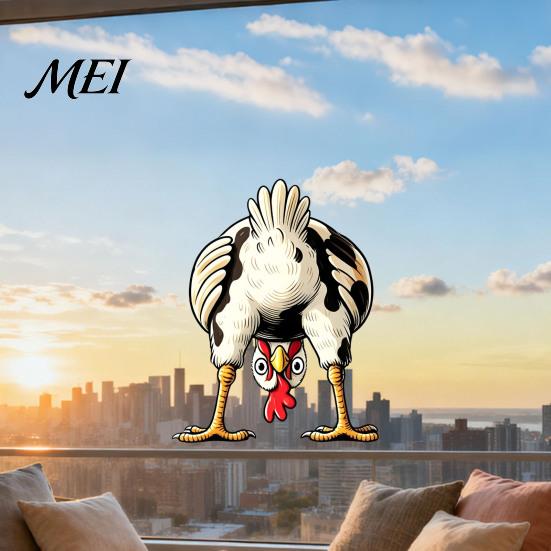 Retro Hand Painted Sticker Funny Chicken Static Window Cling, Upside Down Rooster Glass Sticker, Cling for Waterproof Non-adhesive Decal Living