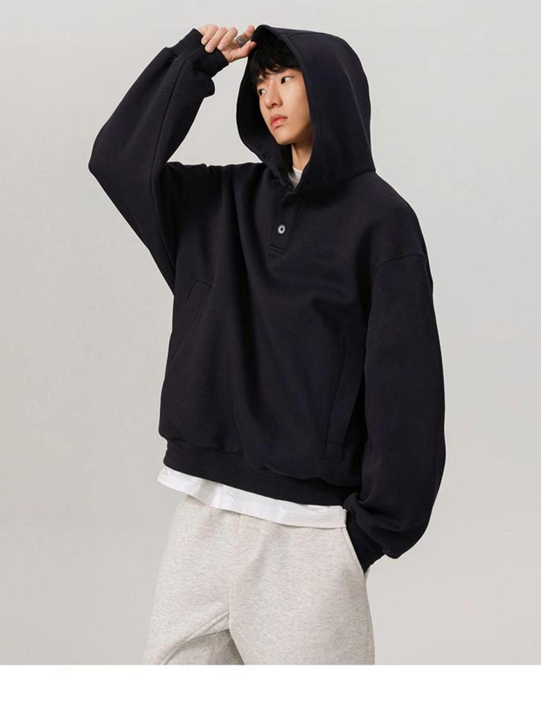 Men's 450g Heavyweight Boxy Cropped Hoodie, Button-Up, American Style for Spring/Autumn
