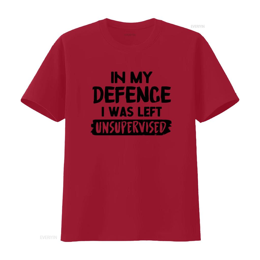 Funny In My Defence I Was Left Unsupervised Slogan T Shirt Top for American Fashion Lovers vintage Washed Unisex