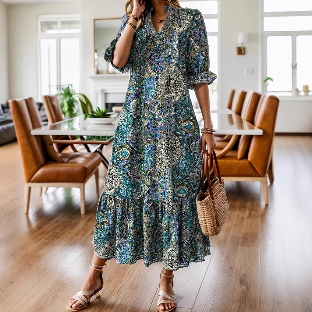 Women's Ruffled Dress Ethnic Style Printed Short-sleeved V-neck Loose Plus Size Long Dress