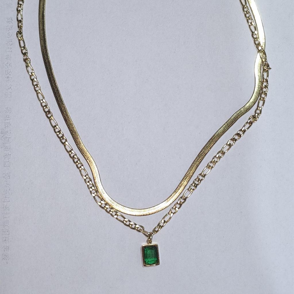 18K Gold Double Layer Snake Chain Necklace with Mini Square Crystal Pendant