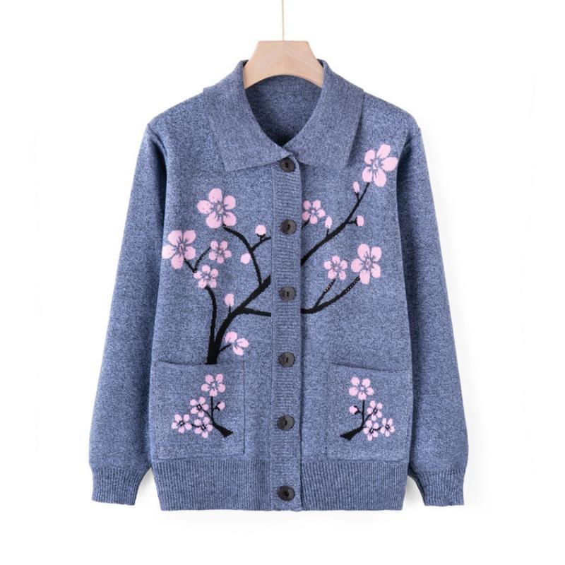 Medium Elderly Sweater Jacket Women's Autumn Mom Knitted Sweater Cardigan Top Grandma Casual Lapel Clothes