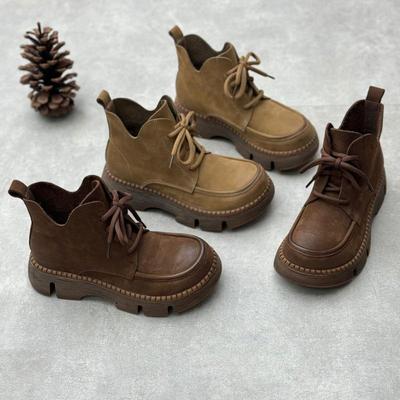 Bottes courtes en cuir véritable faites à la main, chaussures rétro à semelles épaisses et à bout rond à lacets pour femmes